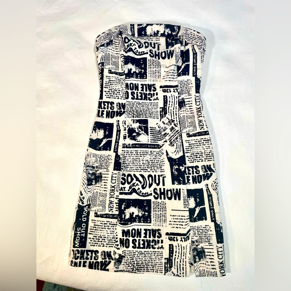 Garage strapless white and black newsprint mini dress. Size Xsmall.